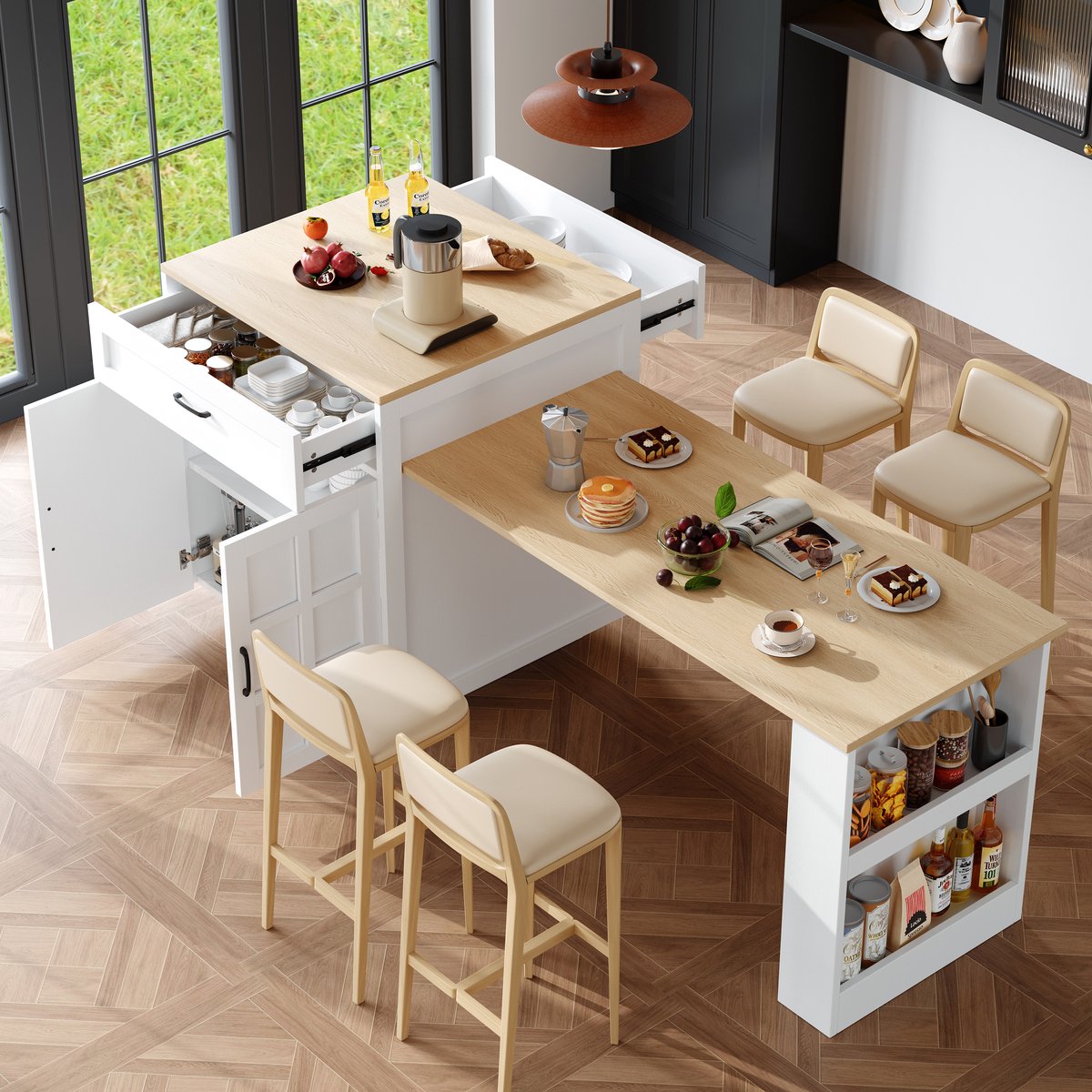 HAUSS SPOLE Bartafel - Uitschuifbaar Keukeneiland Met Opbergruimte En Lade - 2 Laden En 4 Vakken Voor 2-6 Pers. En Scheidingswand - MDF - 133-202x70x93.5 cm - Wit