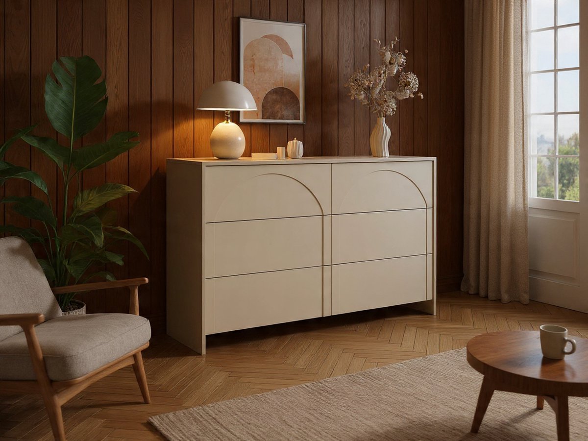 NALYRA 6-Lade Commode – 138 cm – Moderne Ladekast Beige Gemelamineerd – Push-to-Open Lades
