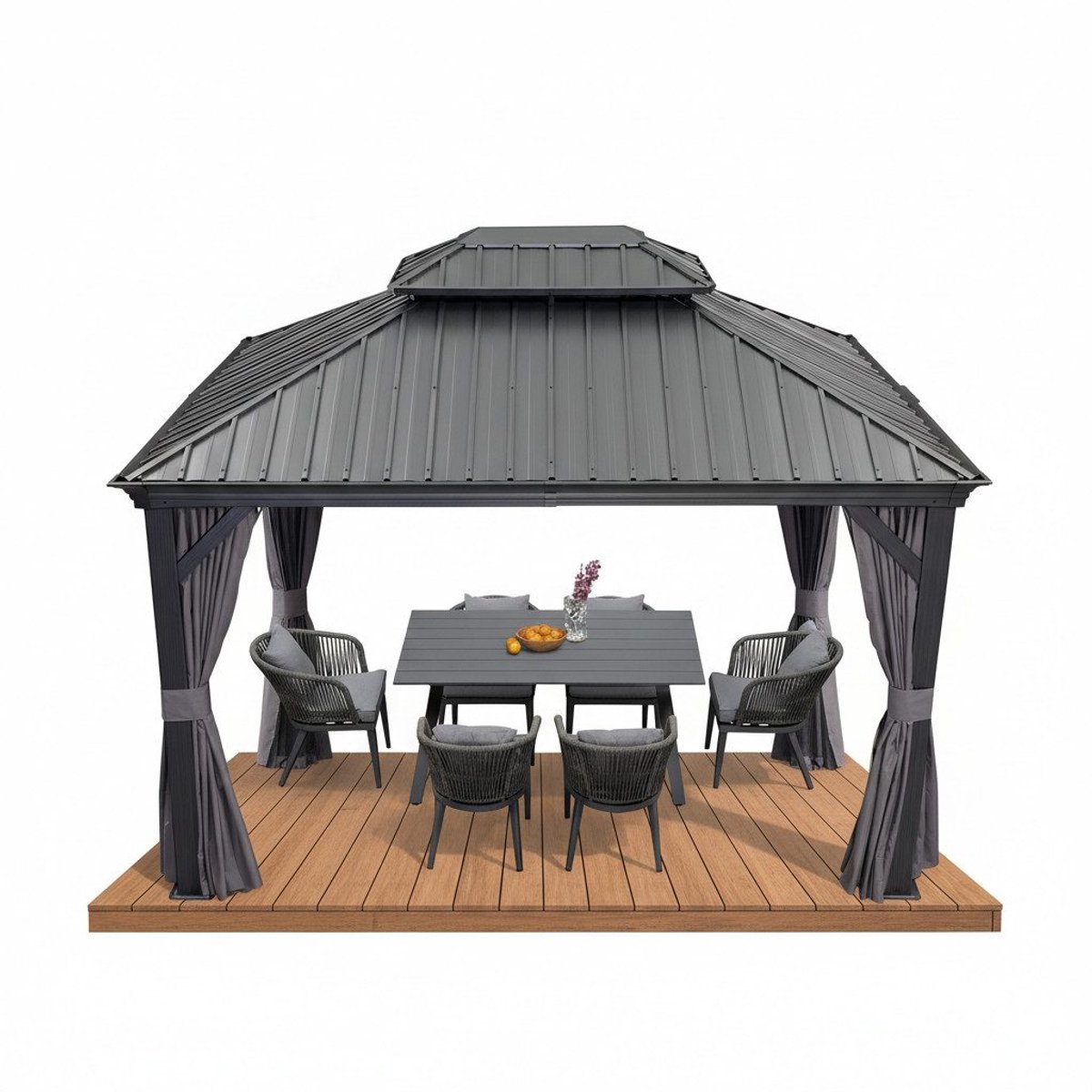 PURPLE LEAF Hardtop Aluminium Tuinpaviljoen – Dubbel dak – Hoogwaardige Gordijnen – Wind- en weerbestendig – Luxueus Grijs
