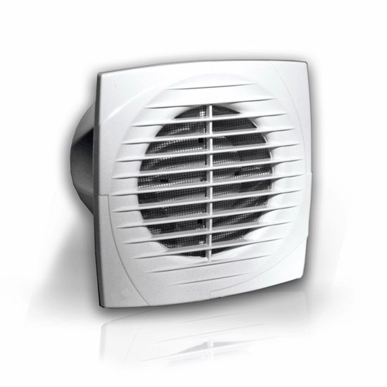 Axiale inbouwventilator Ø100mm 60m3/h met muggennet, geruisarm, timer, trekkoord, hygrostaat