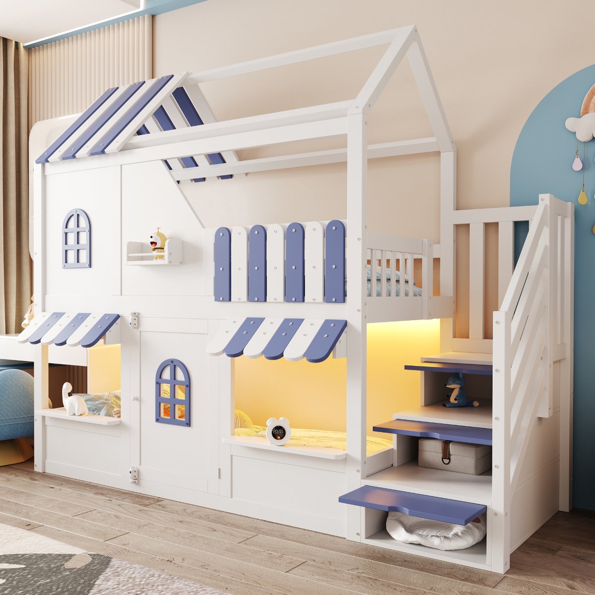 OKWISH Kinder Stapelbed 90x200 cm – Huisvormig Met Led Verlichting – Met Opbergladder En Planken – Zonder Matras – Hout – Wit Blauw