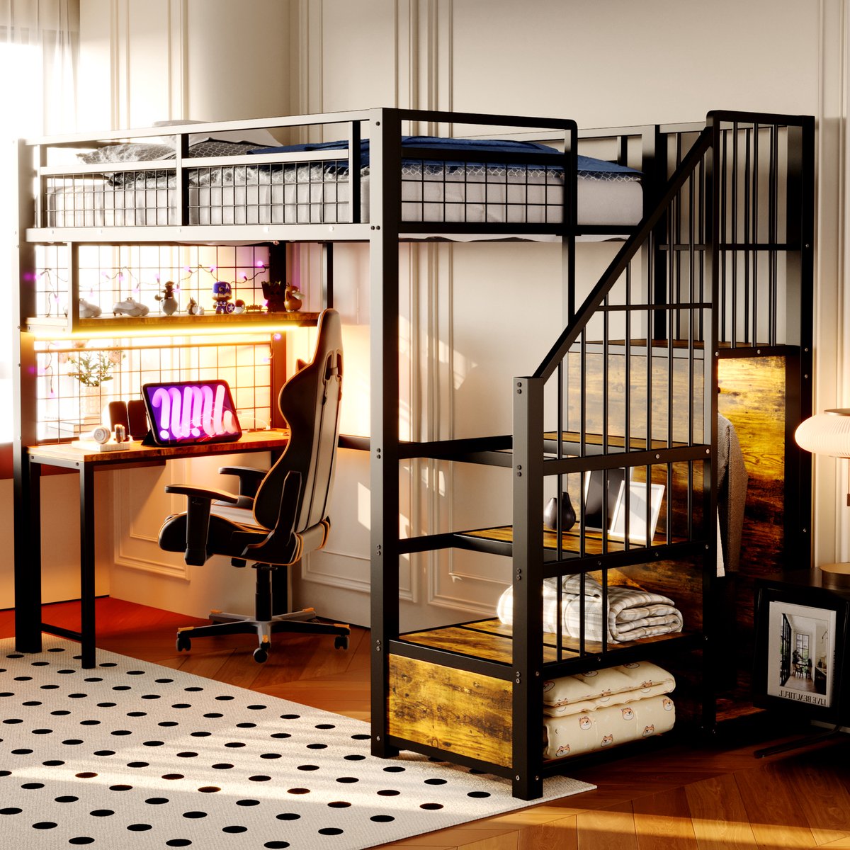 Zubaliya Metalen Hoogslaper 90 x 200 cm, met Lichtstrip en Oplaadstopcontact, met Opbergladder en Eenvoudige Kledingkast, Compleet met planken, Bureau en Rooster, Zwart