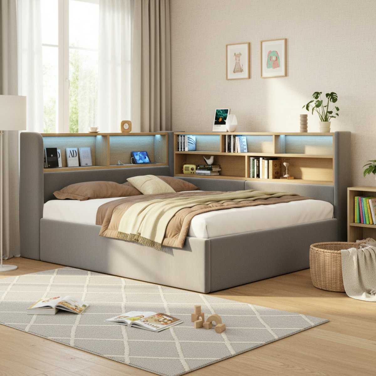 MIVRAY Gestoffeerd Daybed 140x200cm - Zonder Matras Met Hydraulische Opbergruimte En LED Verlichting - Met USB C Aansluiting - Fluweel - Grijs