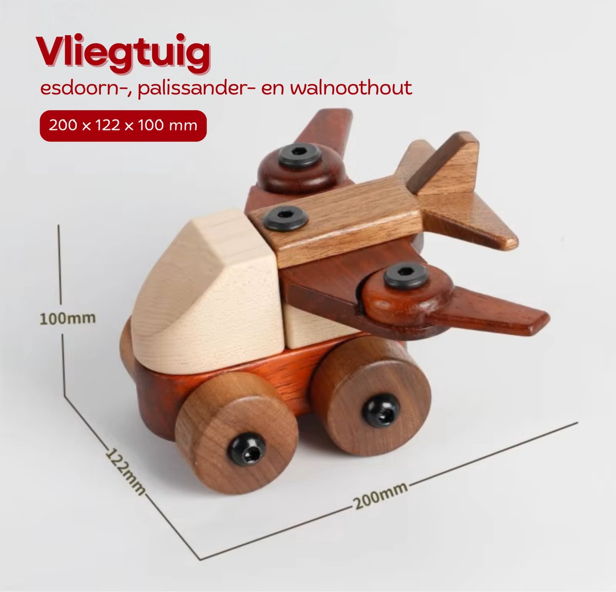 Houten Vliegtuig Speelgoed - Houten Voertuigen gemaakt van Massief Esdoorn-, Palissander-, en Walnoothout - Natuurlijke Afwerking - Vanaf 3 Jaar