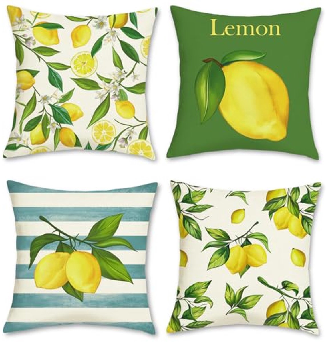 Ultiluxe® Kussenhoezen - 4 Stuks - Sierkussenslopen - Decoratieve Kussenhoes - 45 x 45 cm - Polyester Linnen - Citroen Fruitprint - Groen/Geel/Beige
