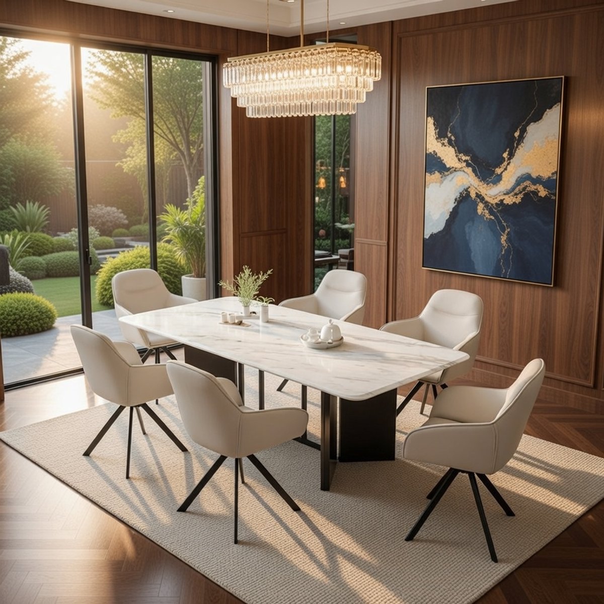 Draaibare Eetkamerstoelen met Armleuning – Set van 6 Beige Gestoffeerde Stoelen | Comfortabele Polyester Zitting & Metalen Poten | Novihome Luxe Keuken- en Eetkamerstoelen 360° Draaibaar, Ergonomisch, Zithoogte 52,5 cm
