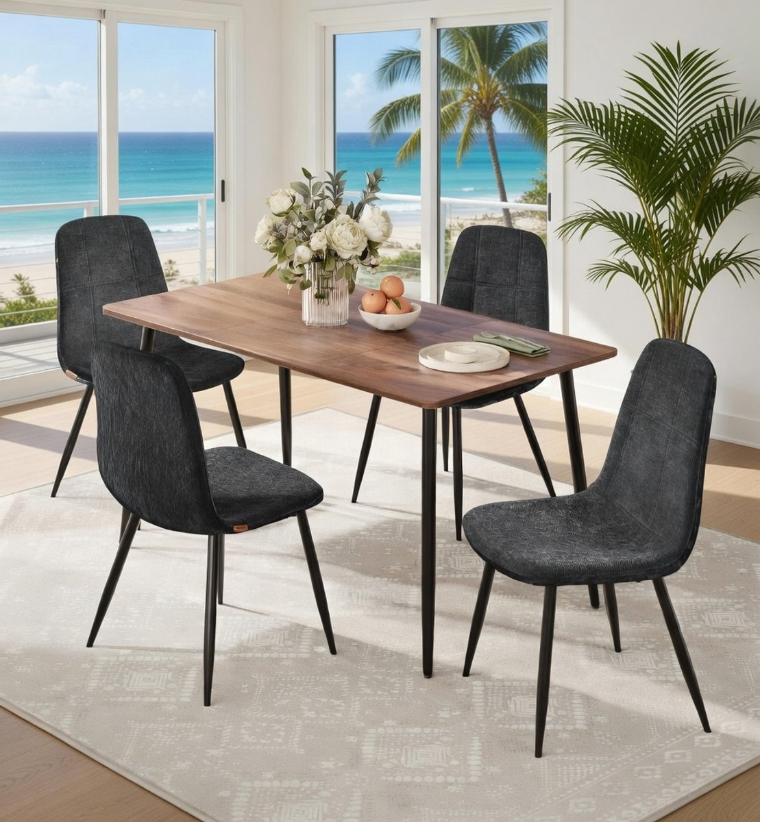 Luxe Chenille Eetkamerstoelen Set van 4 met Metalen Poten & Ergonomische Rugleuning – Moderne Gestoffeerde Keukenstoelen met Verstelbare Poten, Onderhoudsvriendelijk PU Design – Leigrijs | Novihome