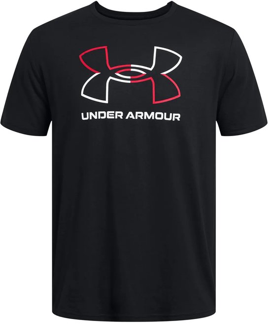 Zwart sportshirt met een grote rood-witte UA-logo opdruk op de borst.