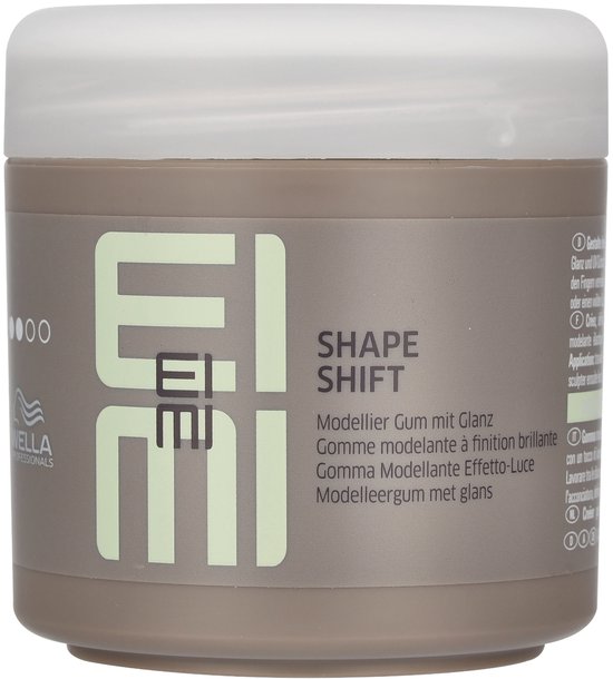 WELLA EIMI Shape Shift modelleringsgum, met glanzende finish, in taupekleurige pot met witte deksel.