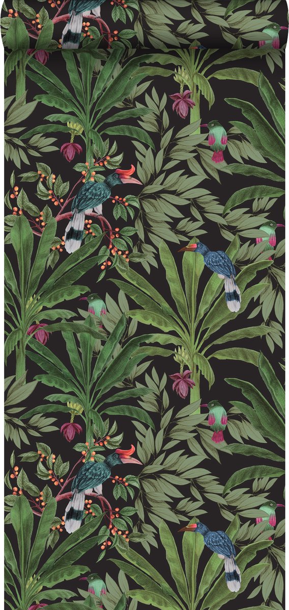 Proefstaal Walls4You behang tropische jungle bladeren en paradijsvogels zwart en groen - 26,5 x 21 cm - 935332-S