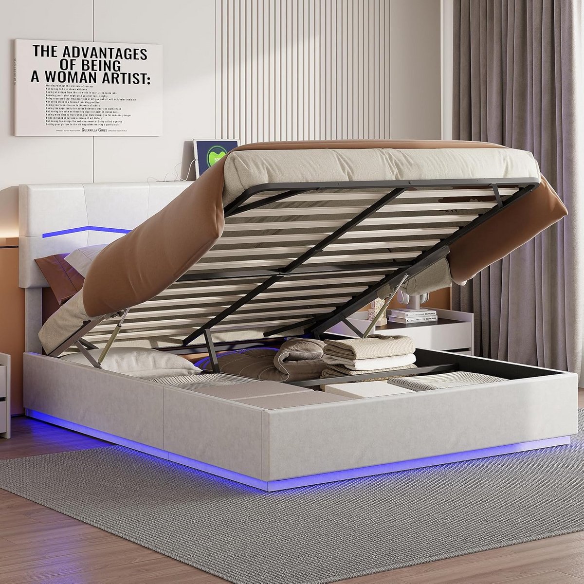 Dubbel bed met ledverlichting en USB-oplaadstation, 180 x 200 cm, hydraulisch opbergbed, beige
