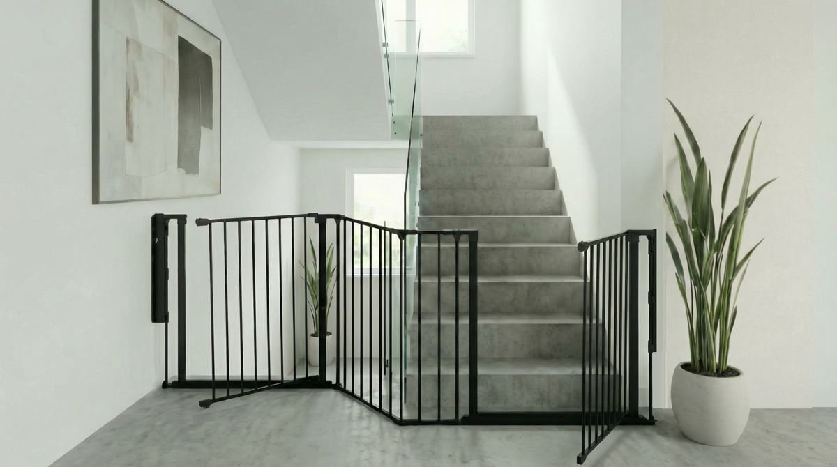 Safetots Overloop Oplossing met Twee Deuren en Meerdere Panelen voor Trappen Omhoog en Omlaag, Zwart, 194cm lang, Inclusief 2 Deurtjes