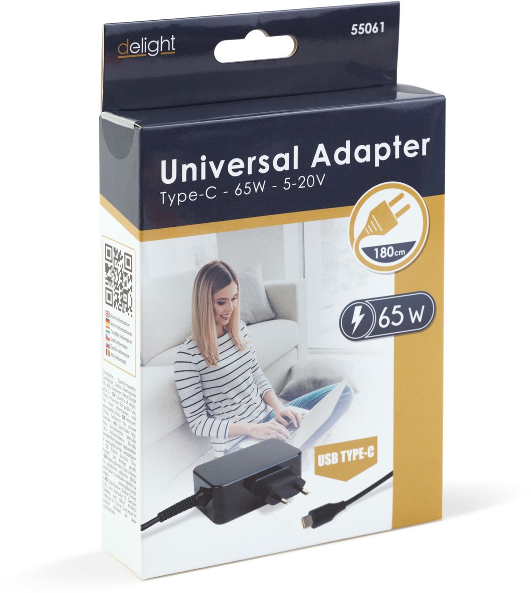Universele USB-C Oplader 65W – PD Snellader 5-20V – Laptop, Tablet & Telefoon – 1,8m – Zwart [55061]