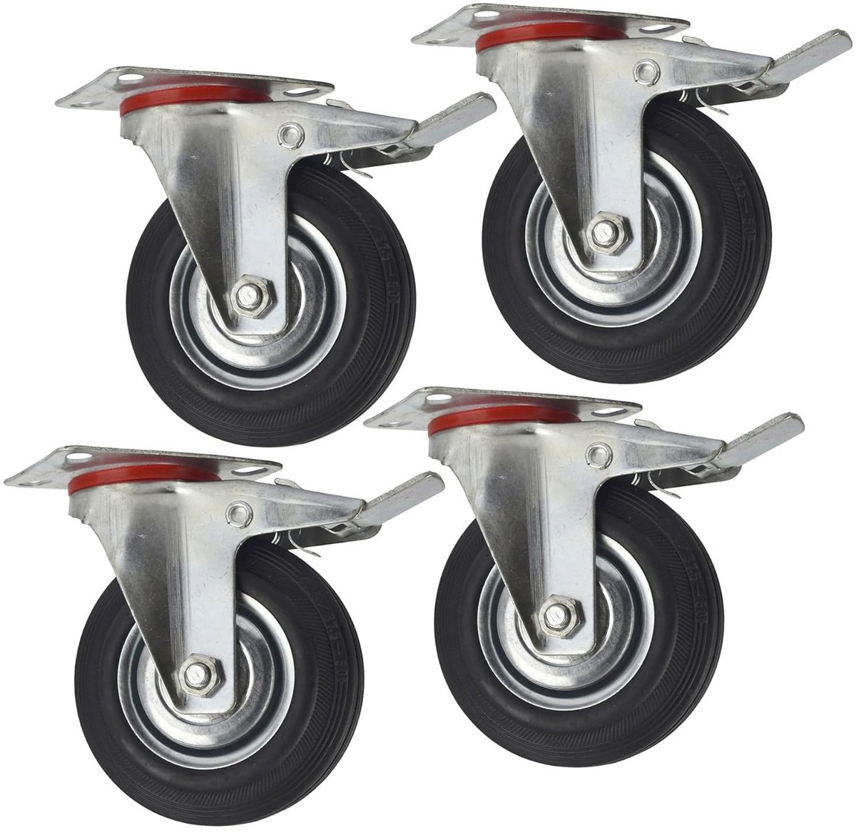 Set van 4 Zwenkwielen met Rem - 125mm Rubberen Wielen met Montageplaat
