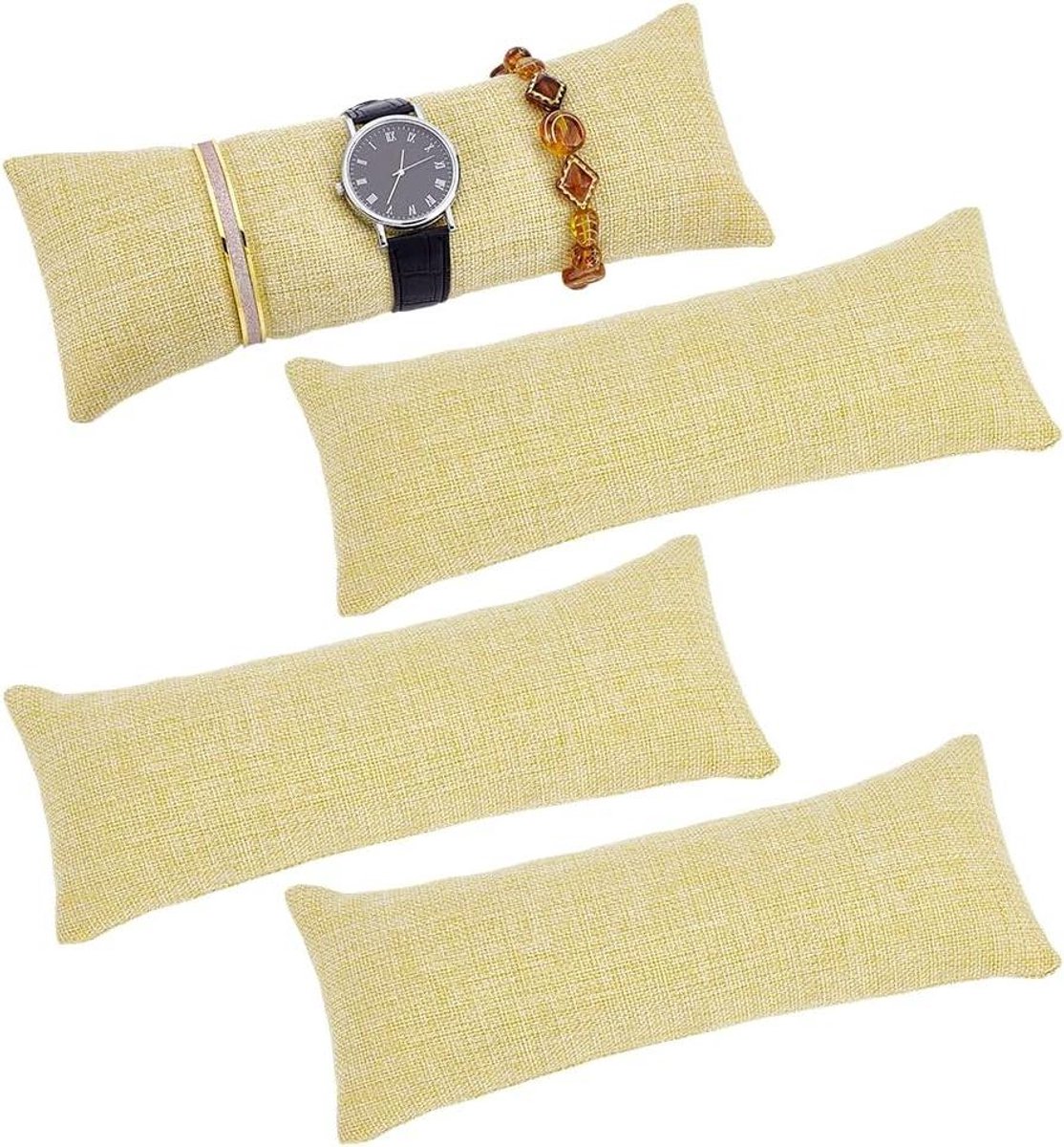 Lange horlogekussens van linnen stof voor armbanden - set van 4 - 24 x 9 cm