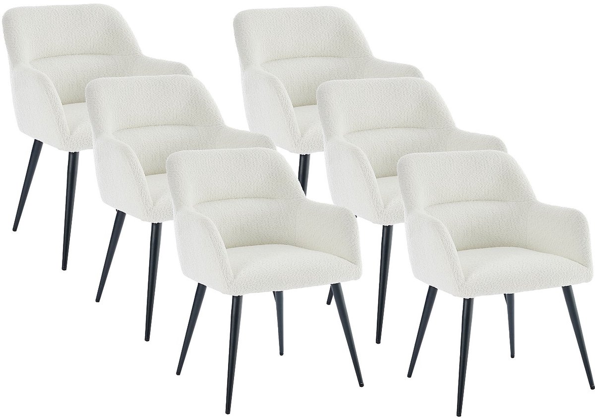 Vente-unique Set van 6 stoelen met armleuningen van boucléstof en zwart metaal - Wit - HEKA