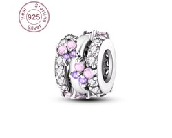 Fler® | Bedel | Past op populaire bedelarmbanden (standaard - 3mm) | Bloem Bedel | Hangbedel Charm | 925 sterling zilver | Transparante, Roze & Paarse zirkonia | Armband Kraal | Valentijnsdag Cadeau | Sinterklaas kado |Kerstcadeau |Verjaardag