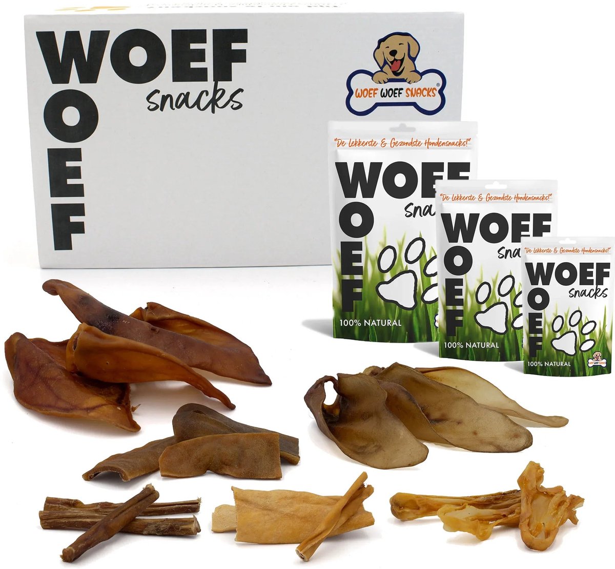 Woef Woef Snacks Hondensnacks Kauwsnackbox - 2.00 KG - Kauwsnacks - Gedroogd vlees - Diverse smaken - Middelgrote & grote hondenrassen vanaf 10kg - Geen toevoegingen