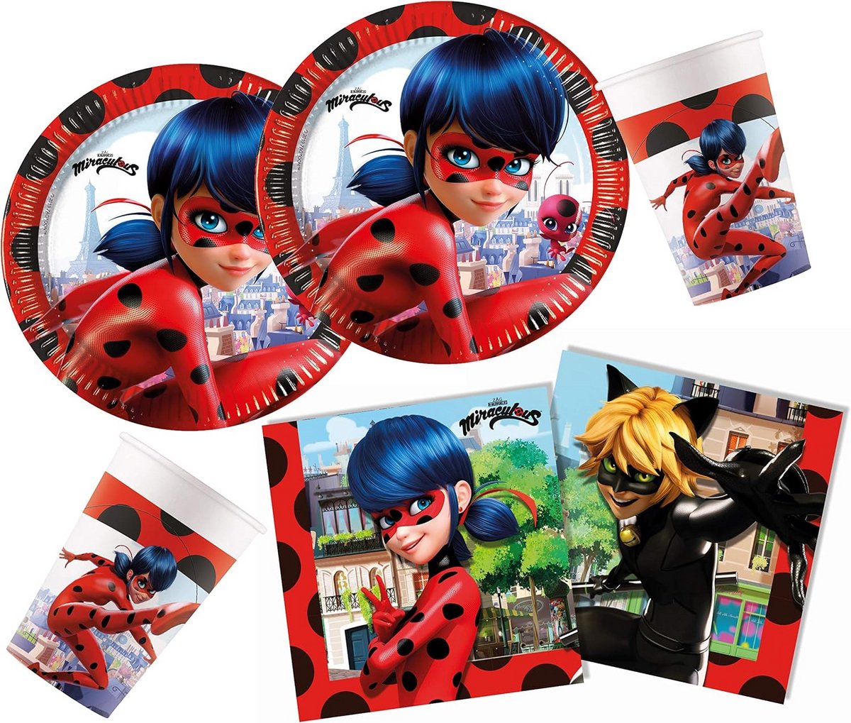 Feestservies Set 52-Delig Thema Ladybug & Cat Noir: Borden, Bekers en Servetten