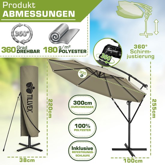 Gedetailleerde afmetingen van een beige parasol met hoes. 360 graden draaibaar, 300cm diameter, 100% polyester.