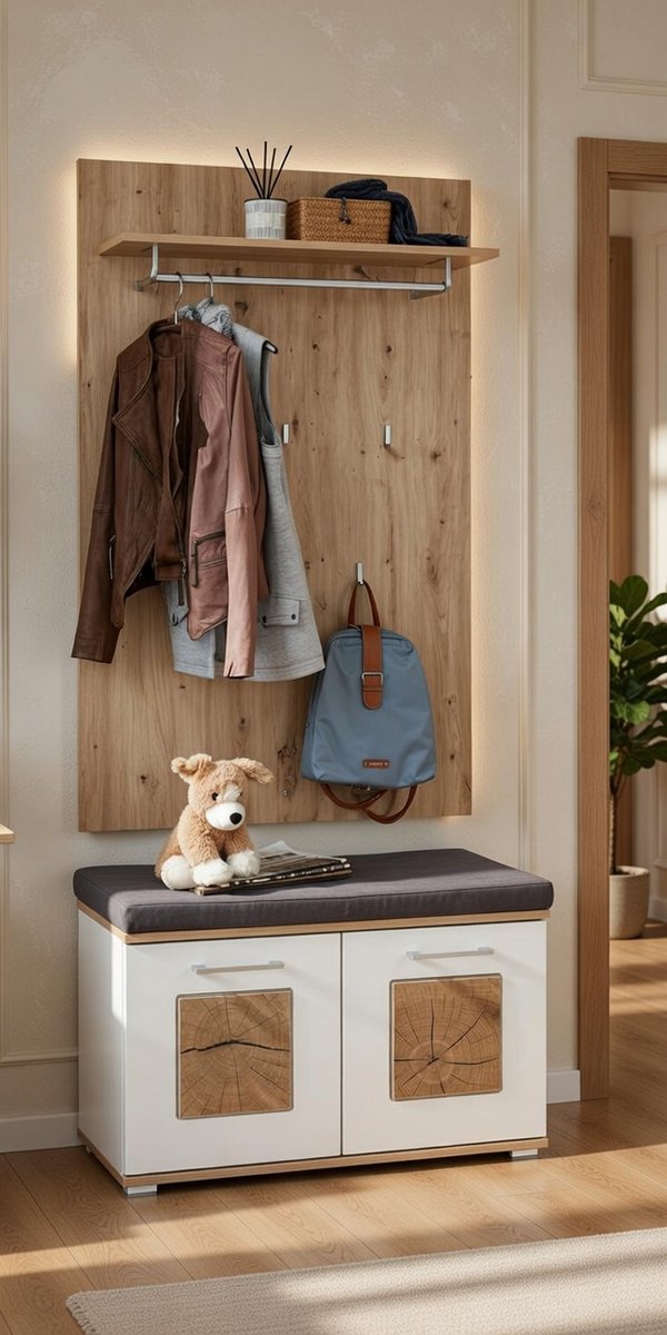 Serena Artisan Luxe 2-Delige kledingkastset met bank en wandpaneel in Eiken & Wit Hoogglans - Modern Halmeubel met Opbergruimte | Casa Serena