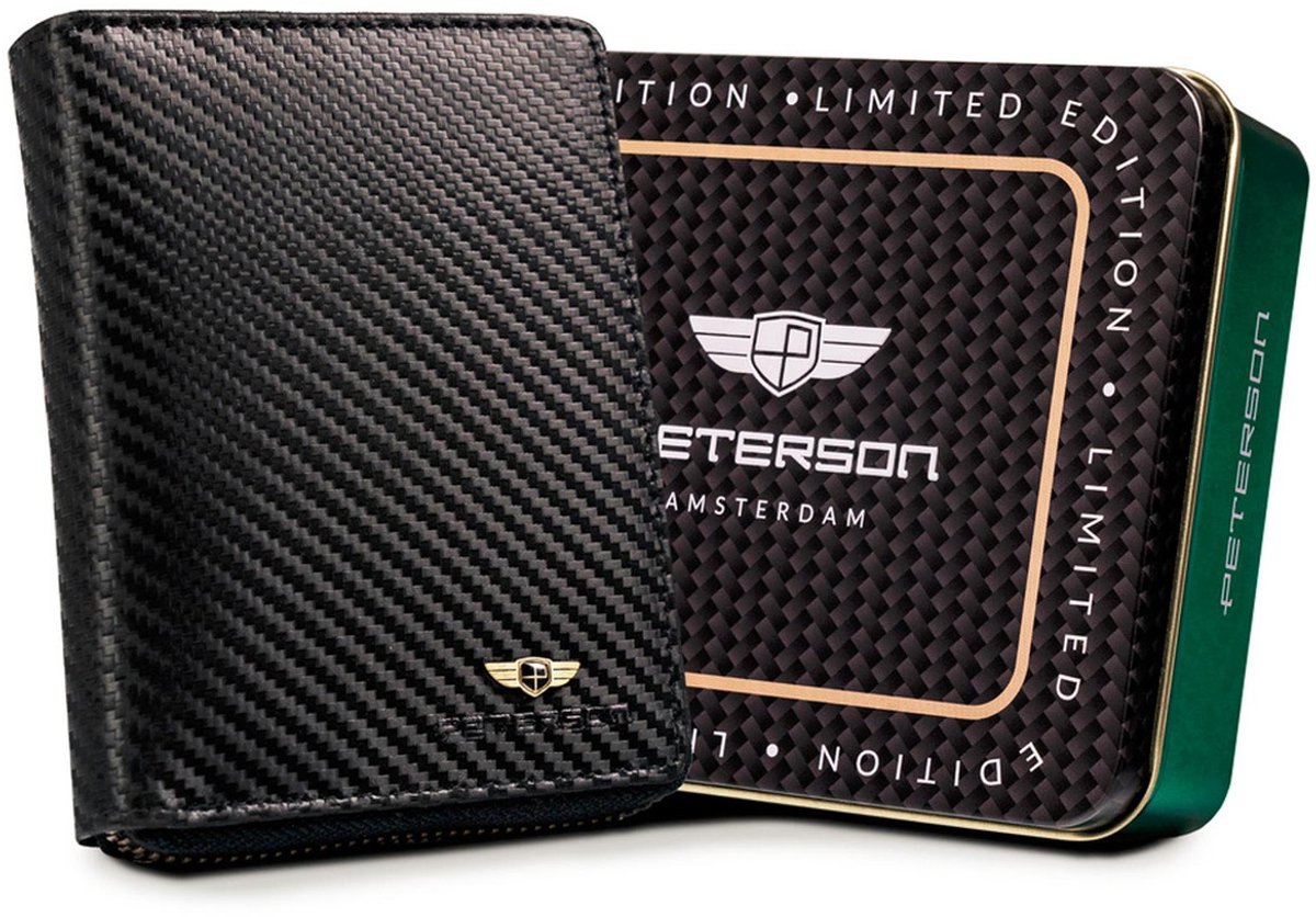 Peterson® Luxe Leren Heren Portemonnee – Carbon Look – RFID-Blokkering – Verticaal Model – Hoogwaardig Natuurlijk Leder – Zwart