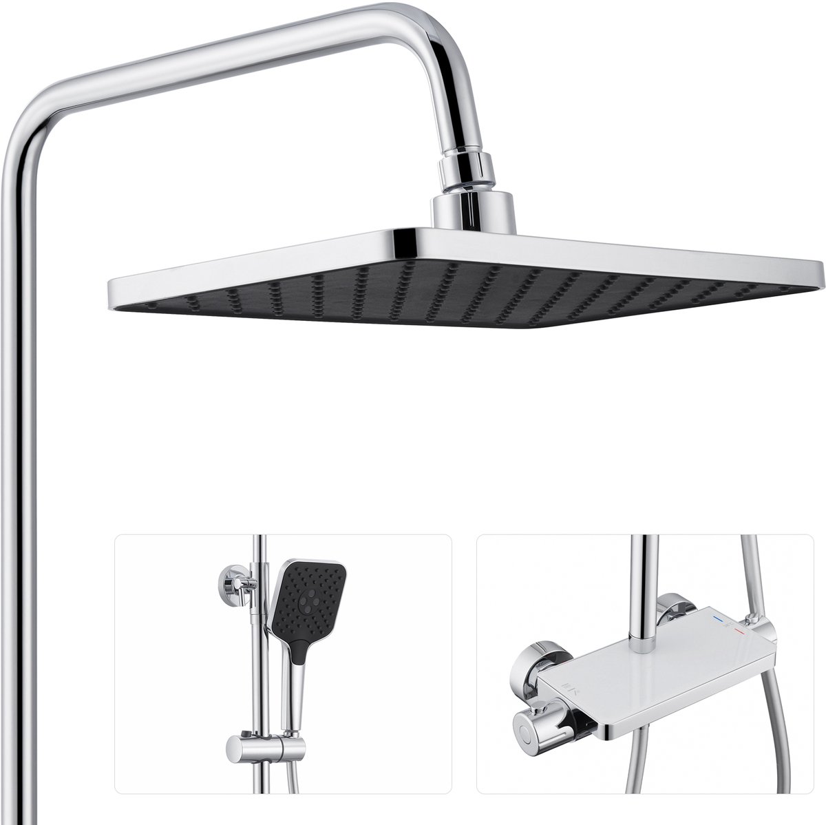 Lonheo Max Regendouche met Thermostaatkraan - Doucheset Chroom - Inclusief planchet - 10 inch Douchekop - Handdouche Met 3 standen - Waterbesparend - Chroom