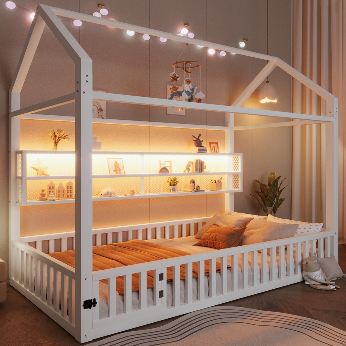 Kinderbed - 90x200 cm - Huisbed met LED - Omheining & Lattenbodem - Hout - Wit