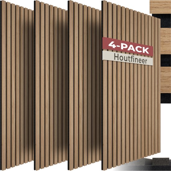 Vier rechtopstaande houten lamellen wandpanelen met een bordje "4-PACK Houtfineer".