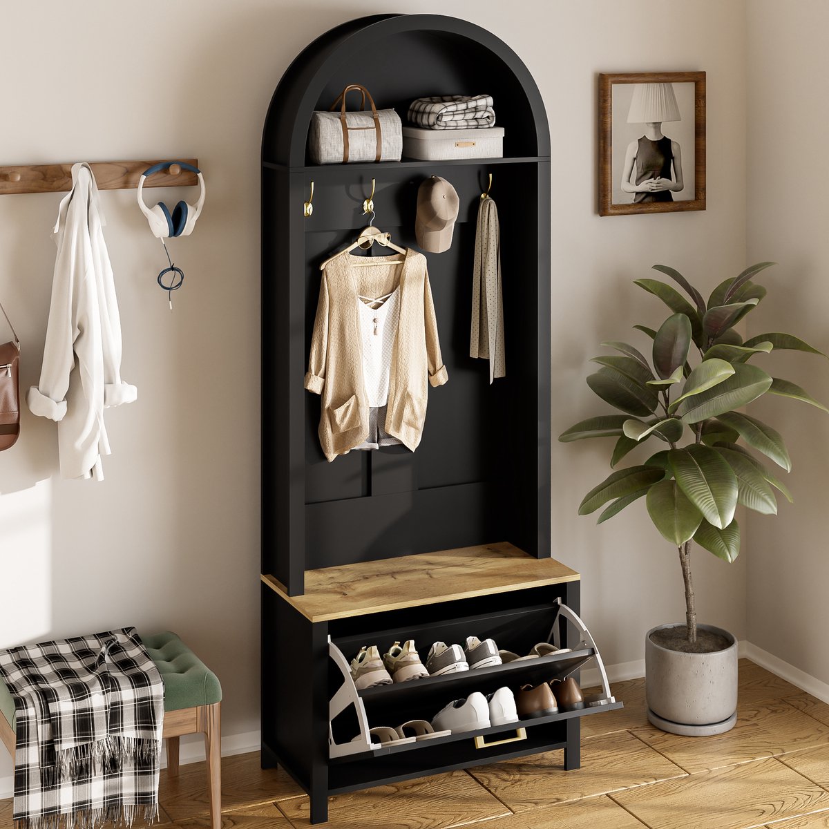 Multifunctionele Kledingkast met Schoenenrek, Plank en Haken – Kapstok voor de hal, Duurzaam MDF-Frame, Modern Design, Stevige Ijzeren Poten, Praktische Opbergruimte, Zwart