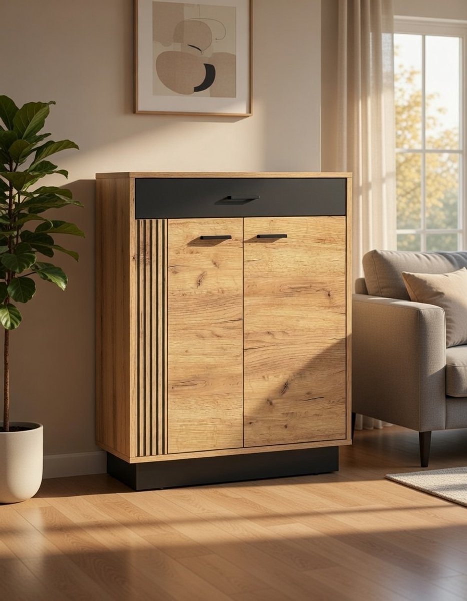 LuxeCraft Gold Eiken Halcommode met lade en 2 deuren - Moderne gangkast & dressoir met 3 planken - 100 cm - Zwart & Cold Craft Eiken | Casa Serena – 100 cm – Casa Dorada