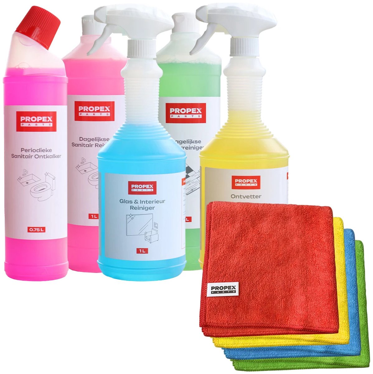 Propex Parts Schoonmaakset - Met Reinigers, Ontvetter, Sanitair Ontkalker & Microvezeldoeken - Geschikt voor Vloeren, badkamers en interieurs
