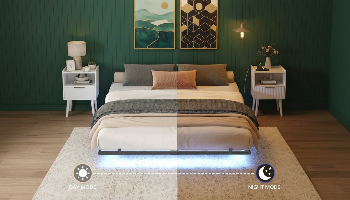 Bedframe 160x200 cm Casa Velluto – Modern Zwevend Tweepersoonsbedframe met LED-verlichting, USB- en Type-C Laadstation, Houten Lattensteun, Ultra-stabiel, Slaapkamer en Logeerkamer – Zwart & Houtkleur