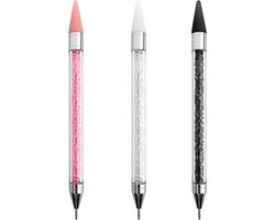 Nail Art Dotting Tool Set - 3 Stuks - Tweezijdige Rhinestone Picker - Nagel Decoratie Gereedschap - Roze, Wit & Zwart