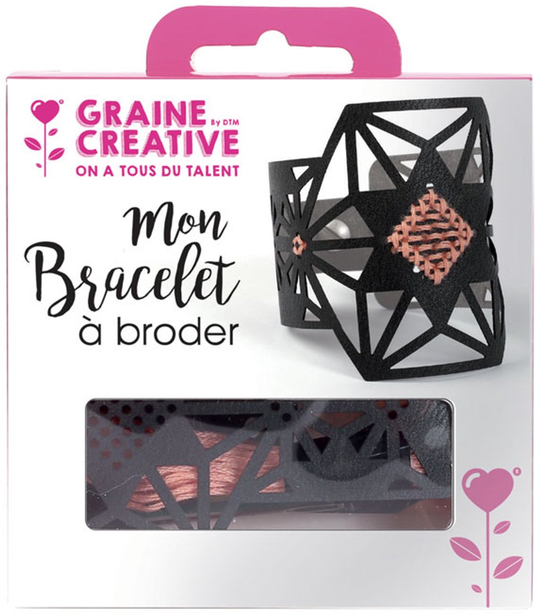 GRAINES CREATIVES - Borduurarmbandset zwart kunstleer met stermotief en roze draad