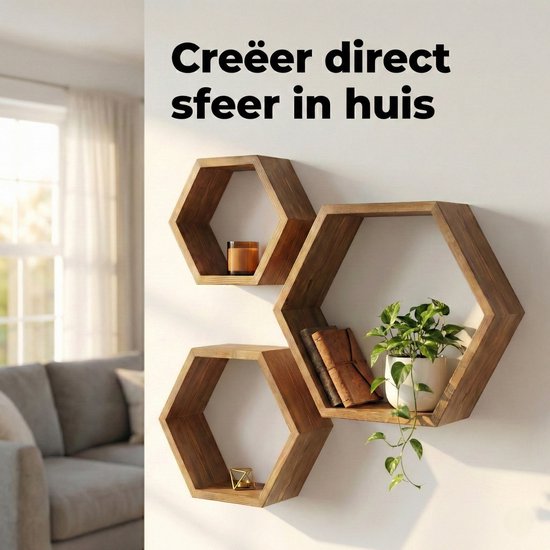 IVOL Honingraat-vormig wandrek van metaal, 4 houten vloeren, 40,5 x 58 cm, zwart, hangend wandrek voor woonkamer, wanddecoratie, hexagon