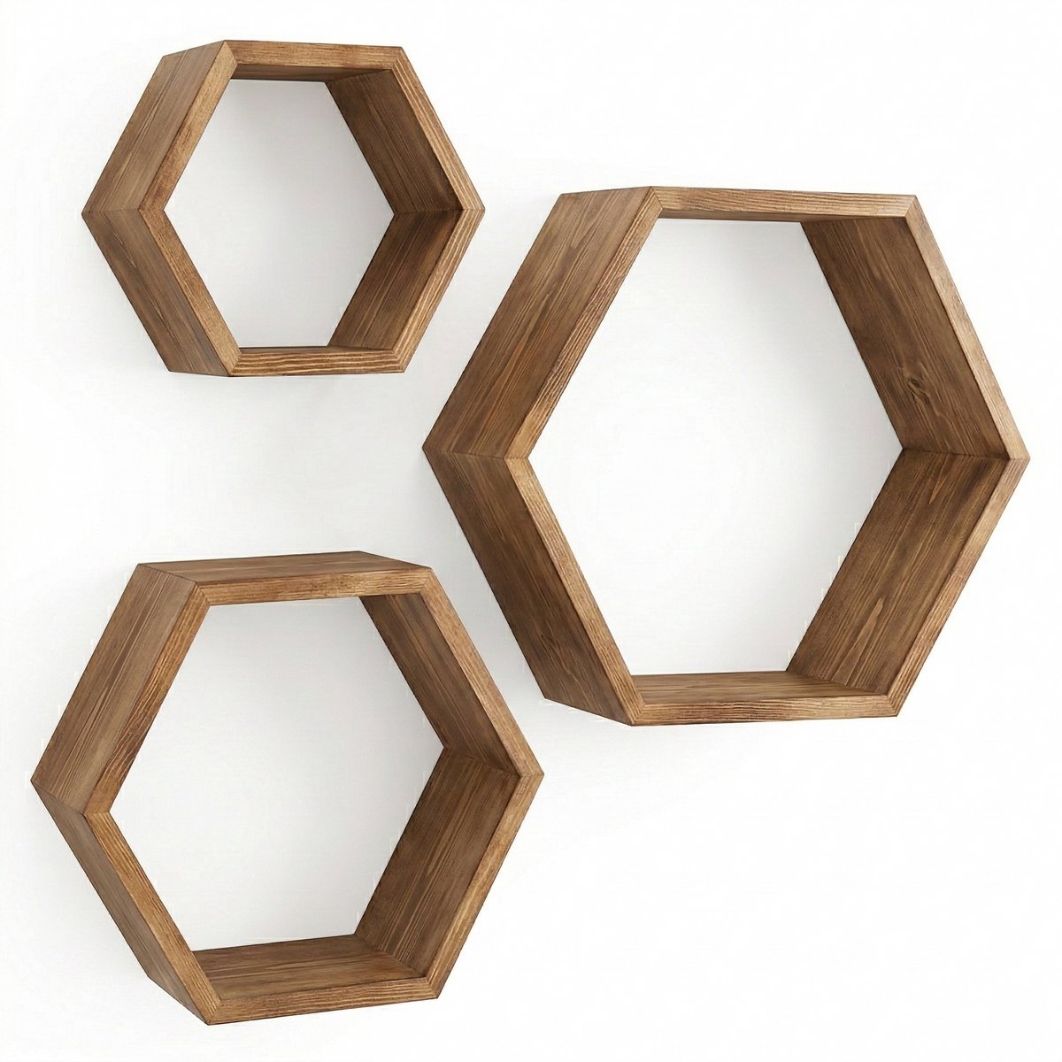 IvoQ Hexagon Wandplanken Hout - Set van 3 - Grenen - Zwevend Wandrek - Honingraat - Natuurlijk