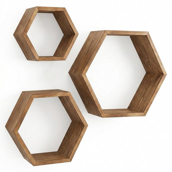 IvoQ Set de 3 étagères murales hexagonales en bois – Étagères murales décoratives – Perfect pour le salon, la chambre et plus encore !
