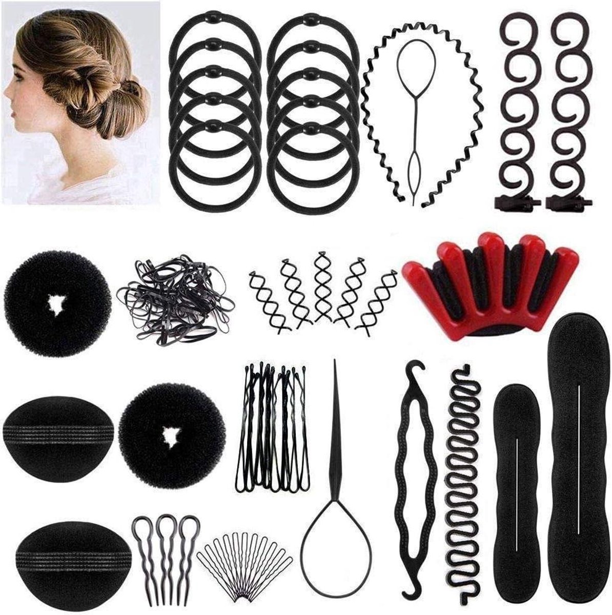 Haarstyling set met knotmaker en haarvlechtgereedschap - DIY kapsels - zwart