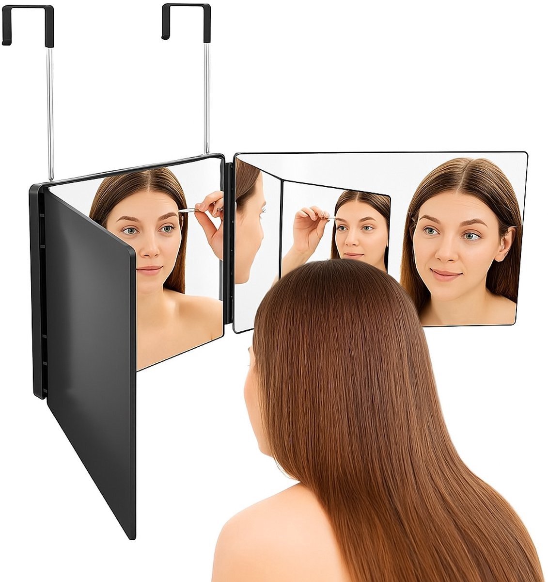 Borvat® Drieluik Spiegel met 360° Rotatie - Wand Make-up en Scheerspiegel - In Hoogte Verstelbaar - Opvouwbaar Design Wandmontage - Met Verstelbare Houder-3-Zijdige Make-up en Scheerspiegel
