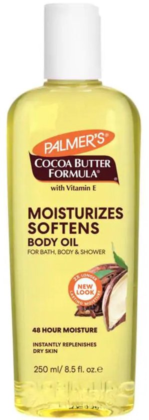 Palmer's body oil fles met "New Look" sticker. Hydraterende body oil met cacaoboon.