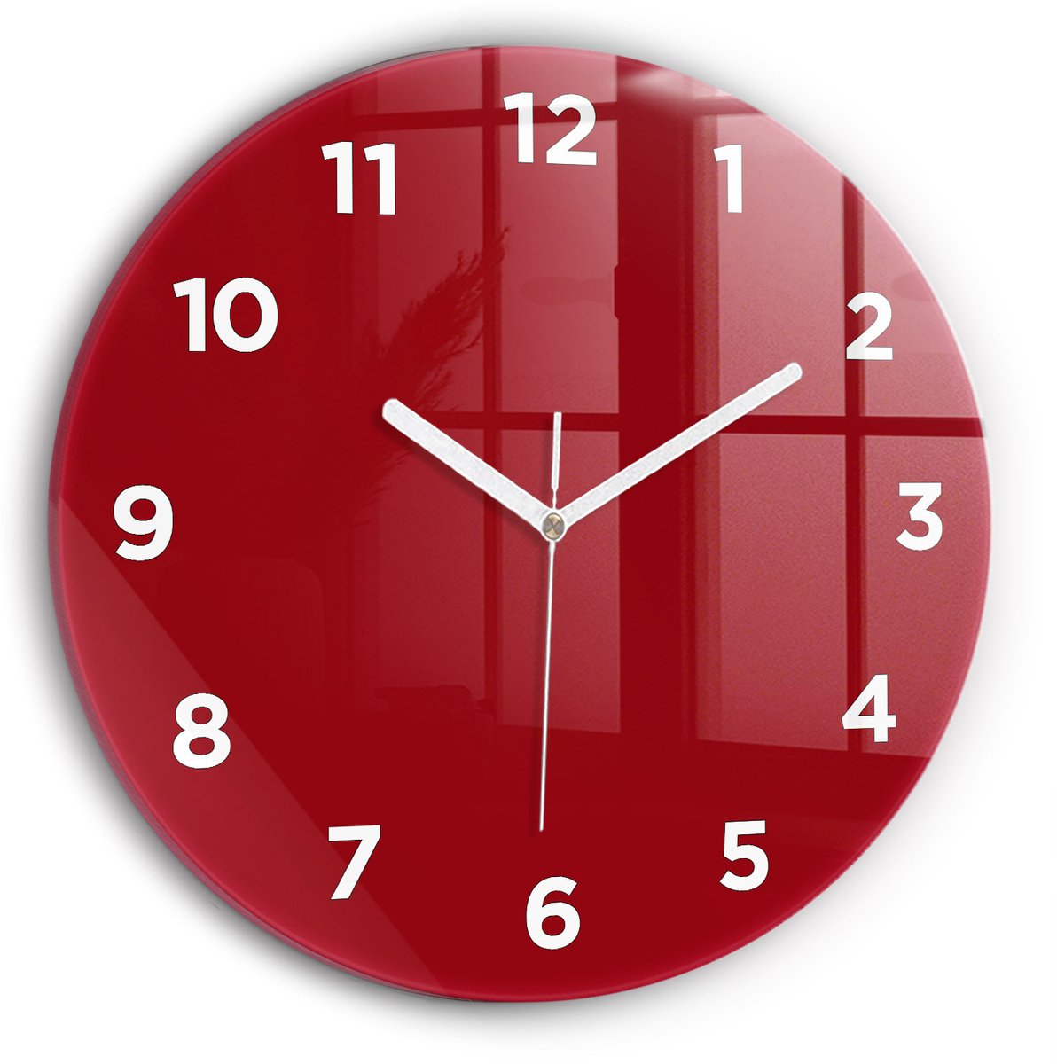 Wallfluent Wandklok - Rood Ronde Glazen Klok - 30 cm x 30 cm - Rood Wandklok - Witte Handen - Wandklok Met Cijfers - Wandklok Glas Woonkamer - Ronde Glazen Wandklok - Industrieel Wandklok - Ronde Glas Klok