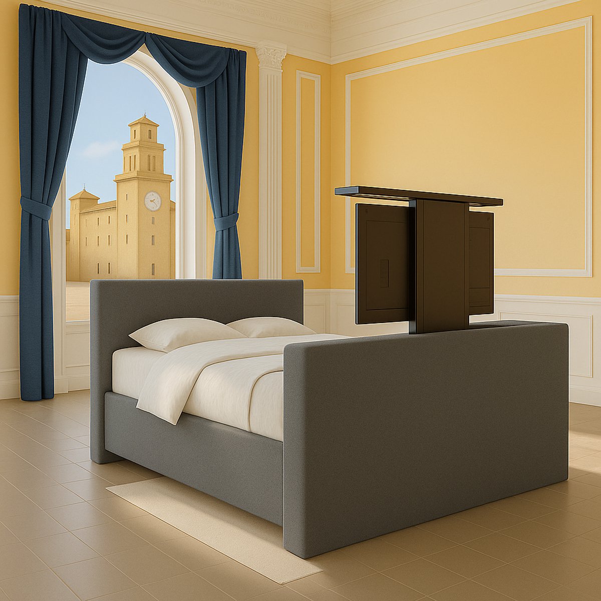 Boxspring met TV-lift Monza Luxe pocketvering stof, 160x200 cm, grijs Gratis 2x Hoofdkusse