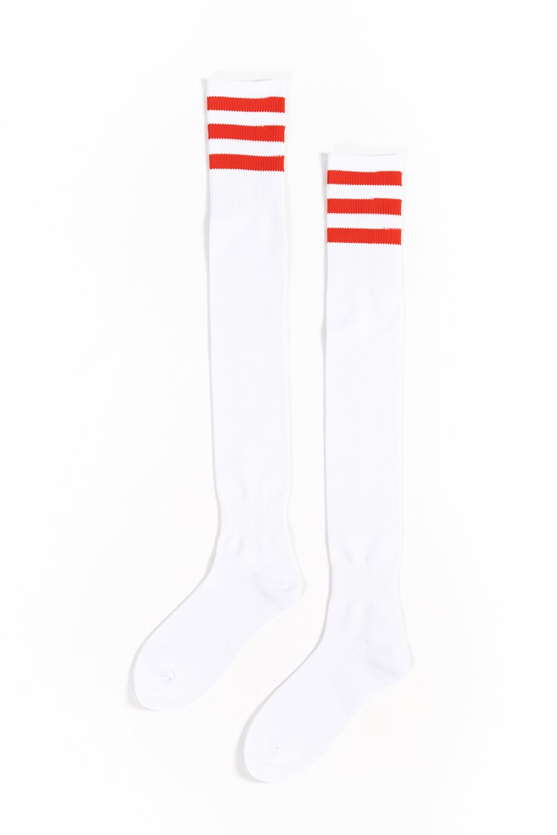 KIMU® Sokken Wit Rode Strepen - Maat 36-41 - Dames Heren Unisex - Witte Lange Kniekousen Voetbalsokken Sportsokken Kniesokken Kousen Streepjes Festival