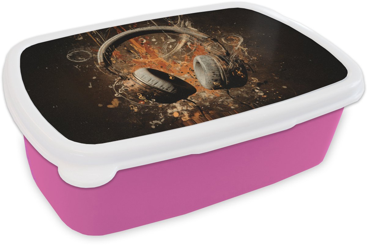 Broodtrommel Roze - Lunchbox Koptelefoon - Bruin - Dynamische penseelstreken - Brooddoos 18x12x6 cm - Brood lunch box - Broodtrommels voor kinderen en volwassenen