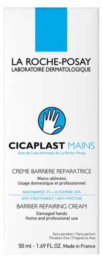 Witte kartonnen verpakking van La Roche-Posay Cicaplast Mains crème met blauwe en zwarte tekst. Toont ingrediënten zoals Niacinamide en Glycerine.