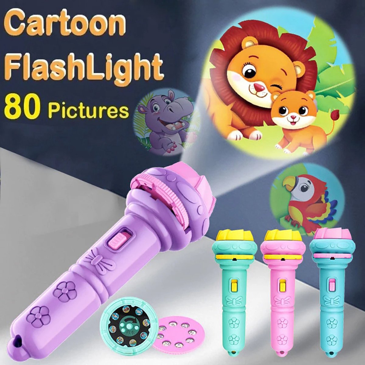 Image of 4 stuks kinderprojector zaklamp, gemakkelijk te gebruiken, 40 kaarten cartoon projectie zaklamp 80 patronen creatieve kinderzaklamp speelgoed projector baby speelgoed bedtijd verhaal boek speelgoed