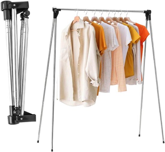 Hengrongshen Draagbare kledingstandaard, inklapbaar, uittrekbaar, kledingstang, intrekbaar, reiskledingstandaard, stabiel, klein licht, wasrek voor camping, wasgoed thuis, zwart