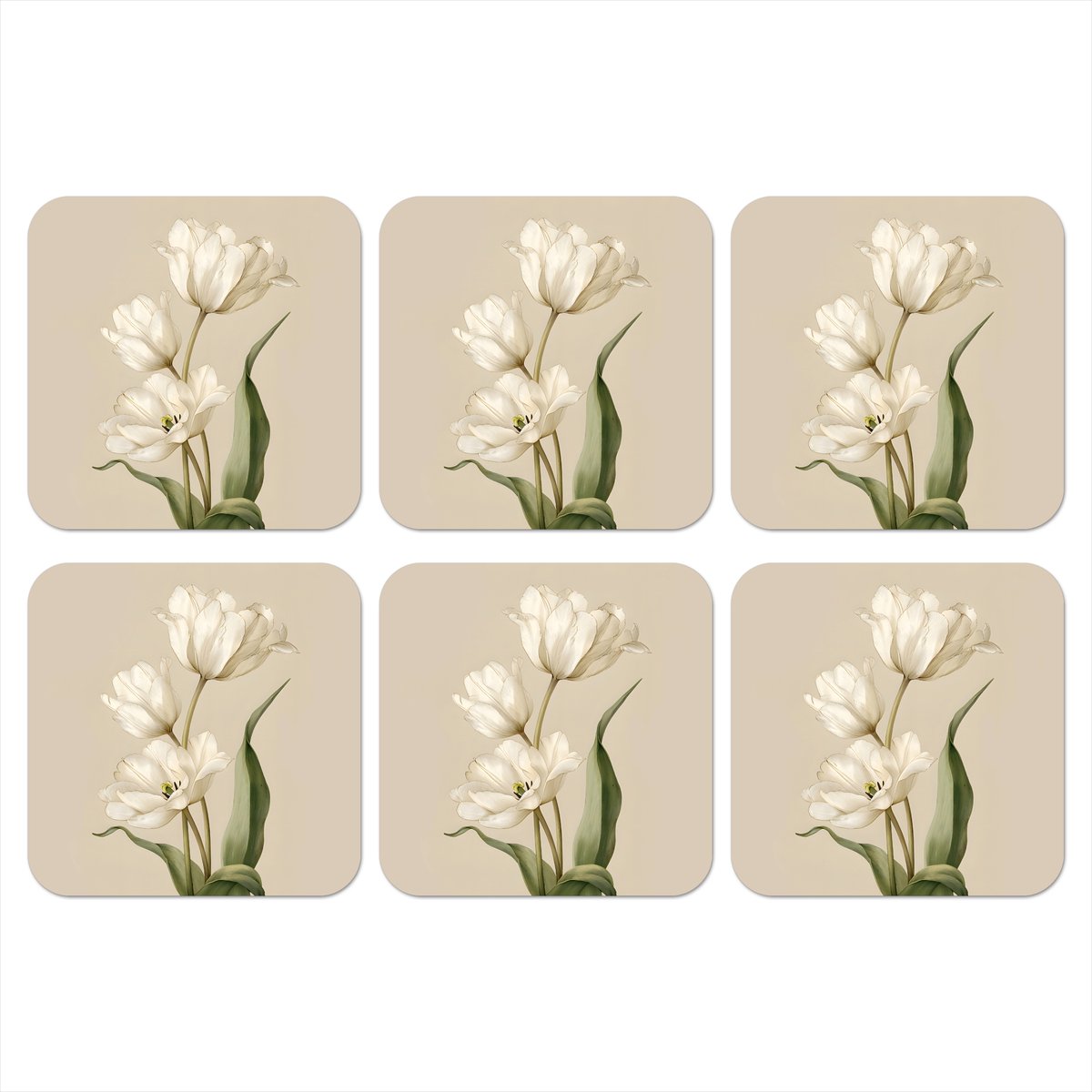 Onderzetters voor glazen - Tulpen - Wit - Bladeren - 10x10 cm - Glasonderzetters - 6 stuks