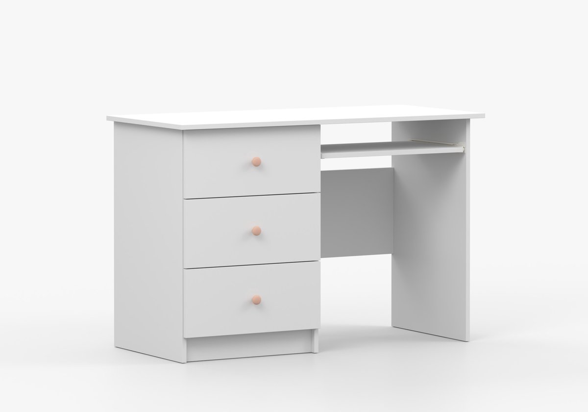 Modern kinderkamer- en tienerkamer bureau met 3 lades, robuust & onderhoudsvriendelijk – kinderschrijftafel, tienerschrijftafel, bureau voor kantoor, computertafel - Bureau Fizzy - Wit + roze handgrepen